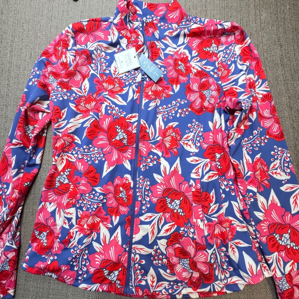 Sigrid Olsen Golf & Tennis Floral Full Zip Jacket Blue Pink XL UPF 50 NWT